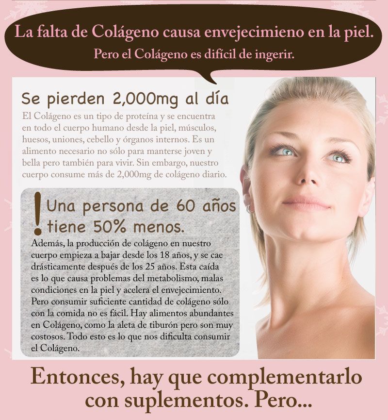 El colágeno es un tipo de proteína y se encuentra en todo el cuerpo humano desde la piel, músculos, huesos, uniones, cebello y órganos internos. Es un elemento necesaria para no sólo manterse jovén y bella pero también para vivir. Sin embargo, nuestro cuerpo consume más de 2,000mg de colágeno diario. Además, la producción de colágeno en nuestro cuerpo empieza a bajar desde los 18 años, y se cae drásticamente después de los 25 años. Esta caída es lo que causa problemas del metabolismo, malas condiciones en la piel y acelera el envejecimiento. Pero consumir suficiente cantidad de colágeno sólo con la comida no es fácil. Existen alimentos abundantes en colágeno, como la aleta de tiburón pero son muy costosos. Todo esto es lo que nos dificulta consumir colágeno.